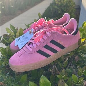 adidas Gazelle Pink Suede Sneakers with Black Stripes and Gum Sole